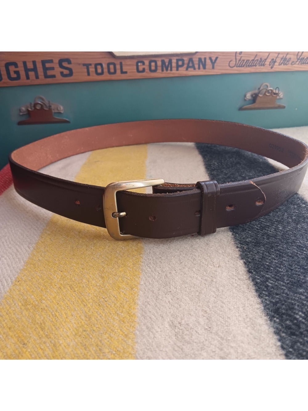 36 Vintage Brown Leather Belt Brass Buckle Made In USA 1980's Textan Raw